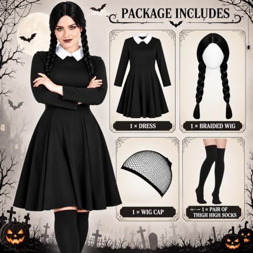 Retro Gothic Womens Halloween Costumes                                                          Halloween Costumes Adult with Long Sleeve Peter Pan Collar Black Dress