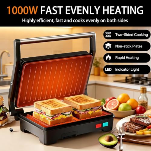 3-in-1 Electric Sandwich Press Opens 180° Flat