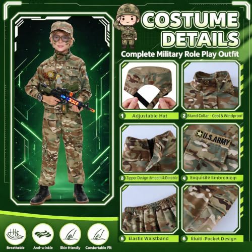 Soldier Halloween Costume for boys 3-13 18PCS Military Soldier Costume with Army Toys