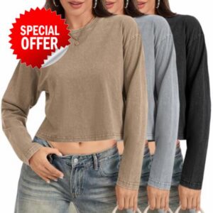 KEEPSHOWING Womens Long Sleeve Crop Tops Oversized Acid Wash Cropped Tshirt                                                          Fall