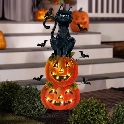 Battery Operated Cat Lighted Timer Yard Decor Scary Halloween Pumpkin with Bats Garden Stakes Sign for Patio