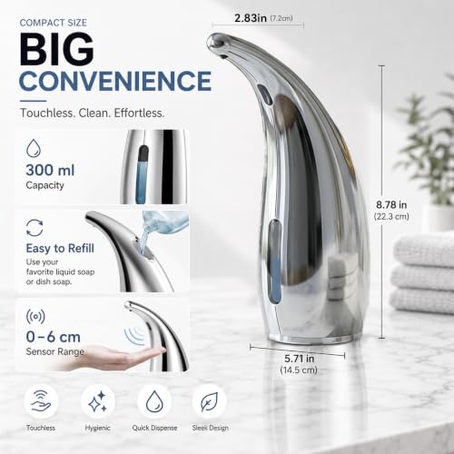 300ml Silver Electric Battery Operated Hand & Dish Countertop Soap Dispensers with Sensor for Bathroom
