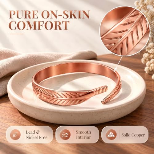 Adjustable Simple Handcrafted、 Feathers Pattern Uncoated Copper Jewelry for Men for Women Unique Couples Decor Gifts