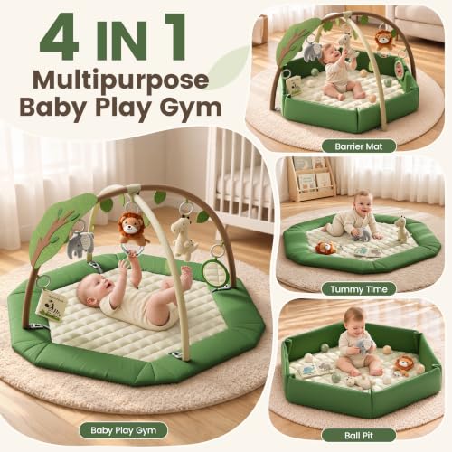 4-in-1 Washable Tummy Time Mat & Ball Pit Baby Play Mat with 6 Detachable Toys