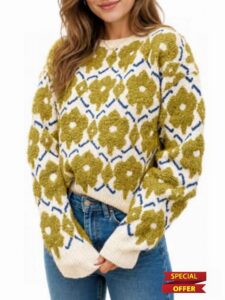 Saodimallsu Womens Floral Sweater Crewneck Long Sleeve Oversized Knit Casual Cute Fall Winter Pullover Sweaters