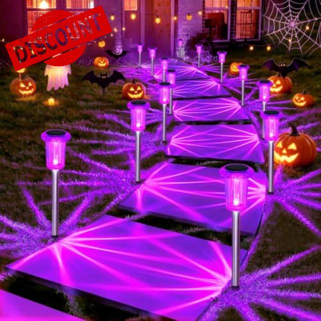 DenicMic Solar Halloween Lights Outdoor 15 Pack Purple LED Halloween Decor                                                          Yard Garden Pathway Walkway Driveway Landscape Spike Style Starburst Light Pattern