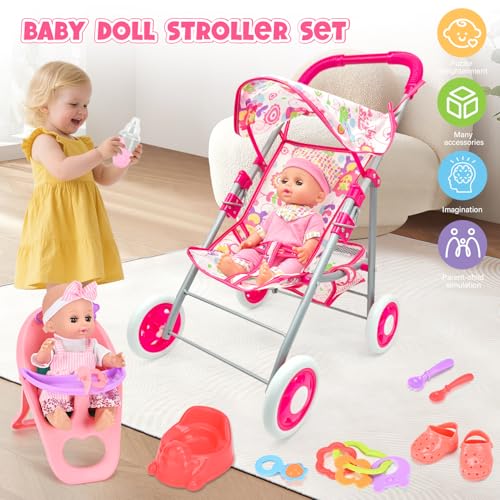 Baby Doll Set with 12.5 inch Doll Baby Dining Chair Doll Stroller Toys for Girls for Pretend Play