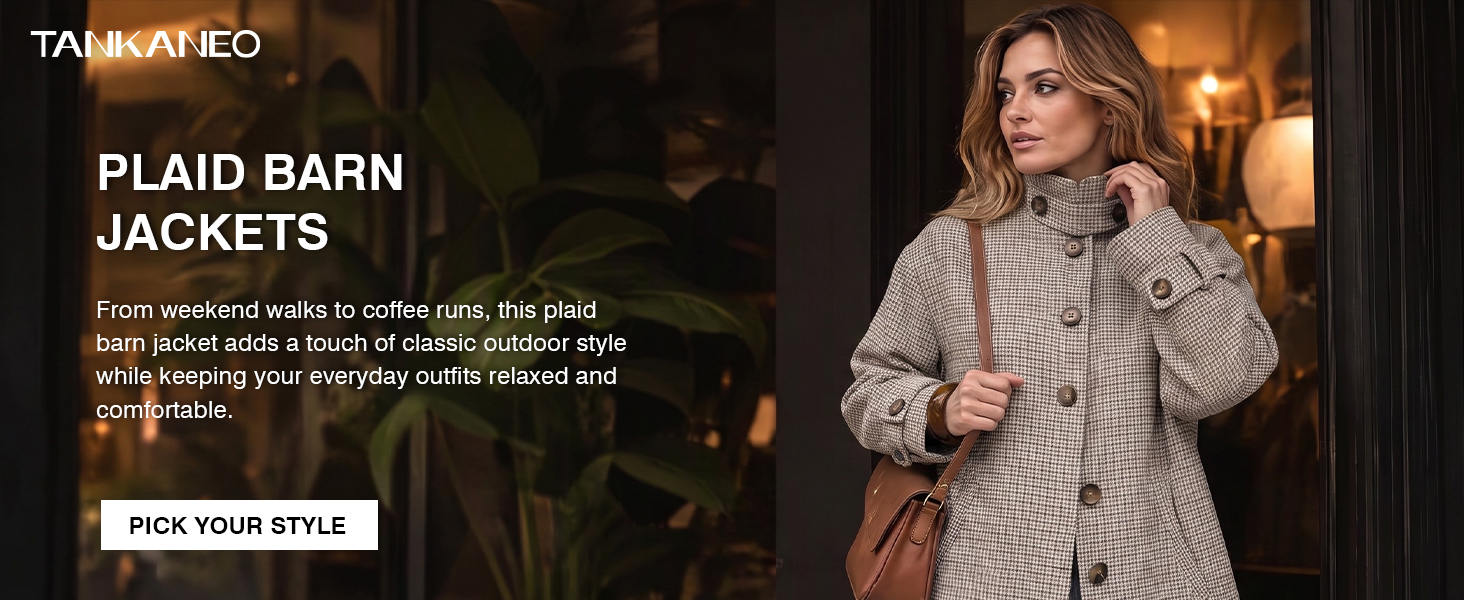 Plaid barn jacket styled for relaxed weekend walks and coffee runs.
