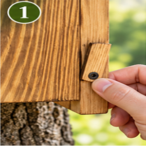 Open wooden squirrel house showing partial interior baffle and lower nesting chamber