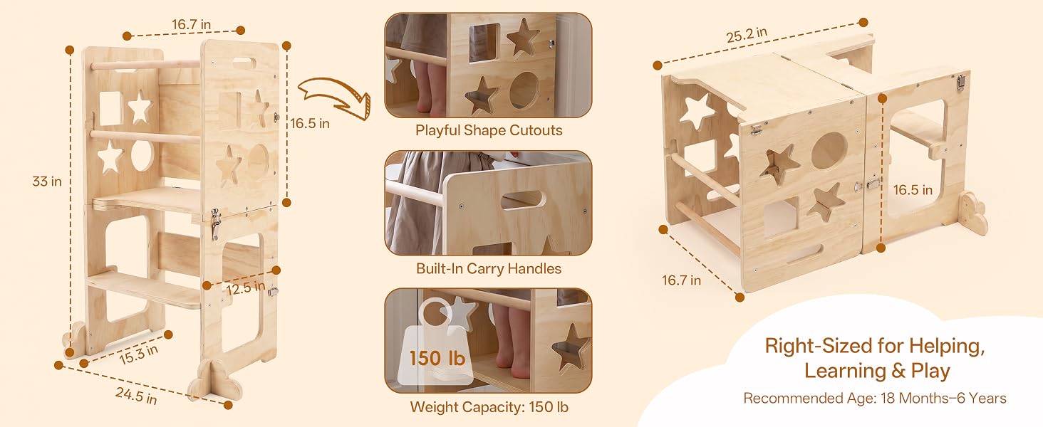 3-step conversion of toddler tower into a low seated activity setup