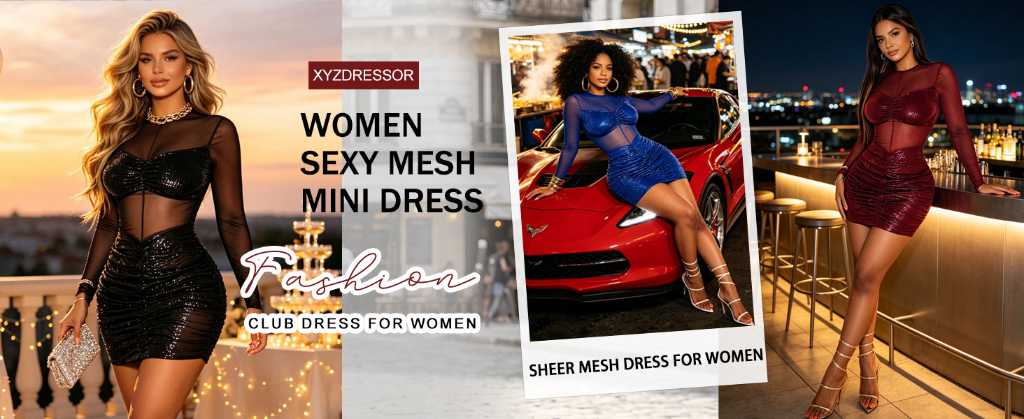 Women Sexy Sheer Ruched Bodycon Mini Dress