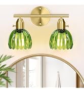 Bathroom Light Fixtures - 3-Light Gold Vanity Lights with Green Tulip Glass Shade, Brass Bathroom...