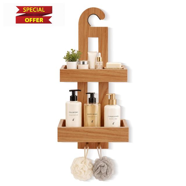 Teak Hanging Shower Caddy with Hooks 2-Tier Wood Shelf                                                          Bathroom Organizer