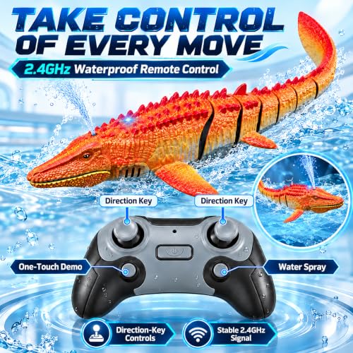 one-touch swim demo and 2.4GHz control; water-activated play in bathtubs or pools; rechargeable battery included