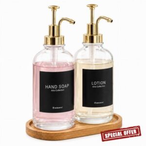 Glass Soap Dispenser Set 2 with Gold Leak-Proof Stainless Steel Pump 16.9oz                                                          Bamboo Tray