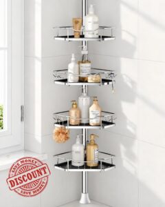 Rustproof Corner Shower Caddy Tension Pole for Shampoo Holder                                                          One-Touch Adjustable Shelves