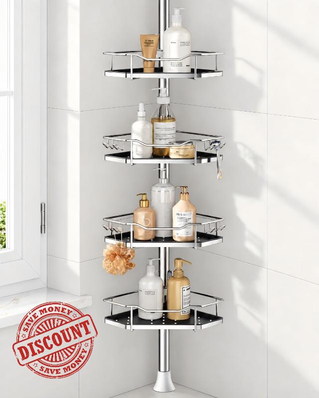 Rustproof Corner Shower Caddy Tension Pole for Shampoo Holder                                                          One-Touch Adjustable Shelves