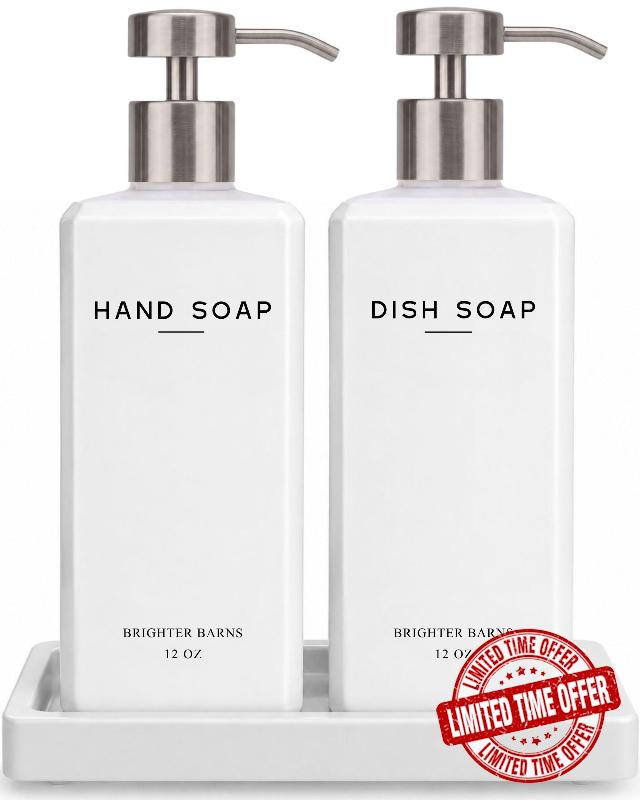 White Glass Hand and Dish Soap Dispenser Set by Brighter Barns - 12oz Kitchen Soap Dispenser Set with Pump & Tray for Hotel