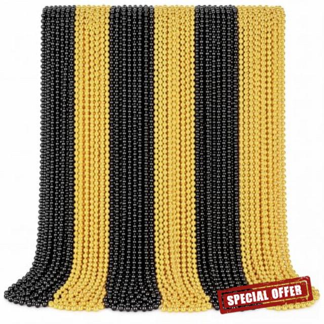 Ecally 200 Pcs New Years Eve Bead Necklaces 33" Gold Black Party Decoration                                                          New Year Eve 33" Necklaces Costume
