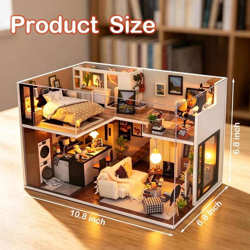 DIY Miniature Loft House Kit with LED & Dust Cover for Adult 3D Wooden Puzzle Tiny Home Model Building Kit