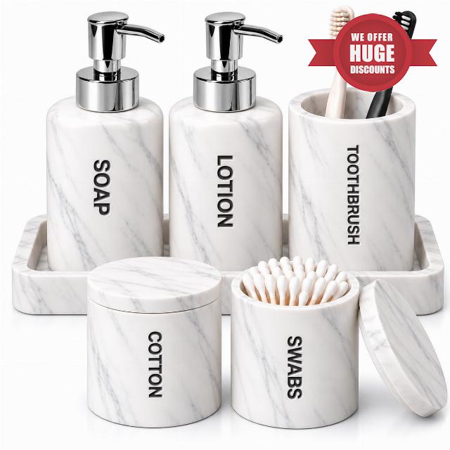 White Marble Look Bathroom Accessory Set - 6 Pc. Resin Bathroom Accessories                                                          Includes soap dispenser