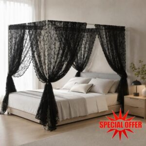 Black French Lace Canopy Bed Curtains Set Queen