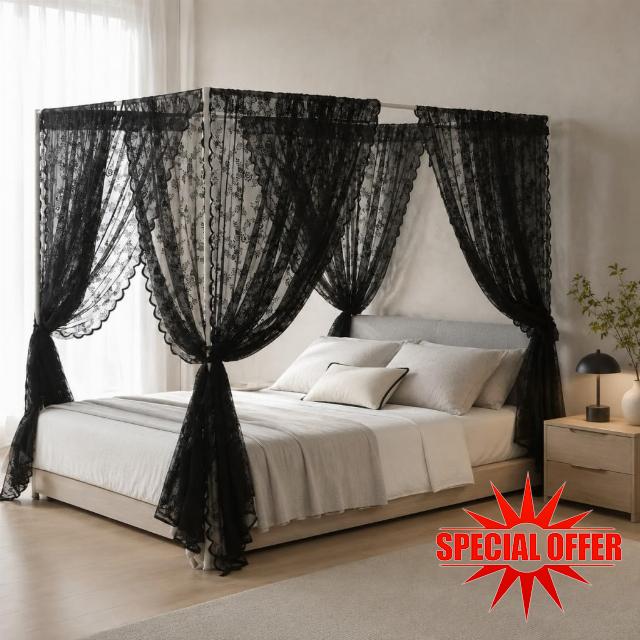 Black French Lace Canopy Bed Curtains Set Queen