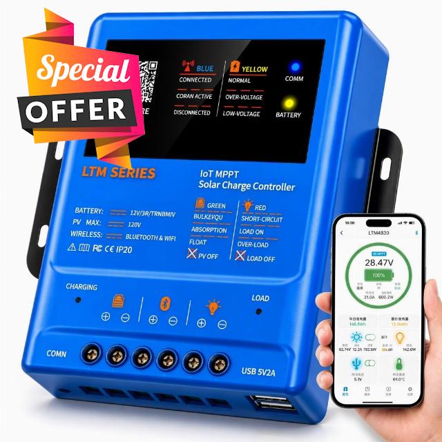 40A MPPT Solar Charge Controller – Multi-Voltage Auto-Detect – WiFi Bluetooth App