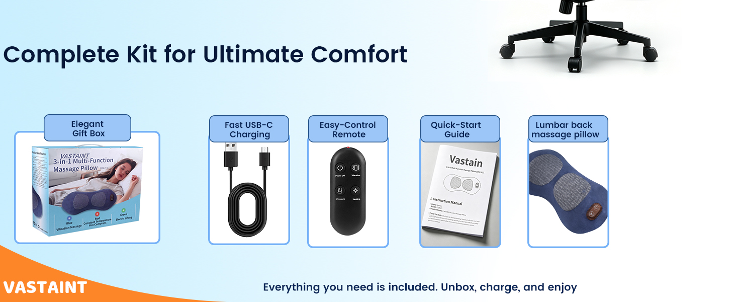 Complete Kit forUltimate Comfort:Packaging,Cable,Remote,Manual,Lumbar backmassage pillow