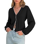 EXLURA Women's V Neck Cardigan Sweaters Long Sleeve Button Down Contrast Wavy Trim Lightweight So...