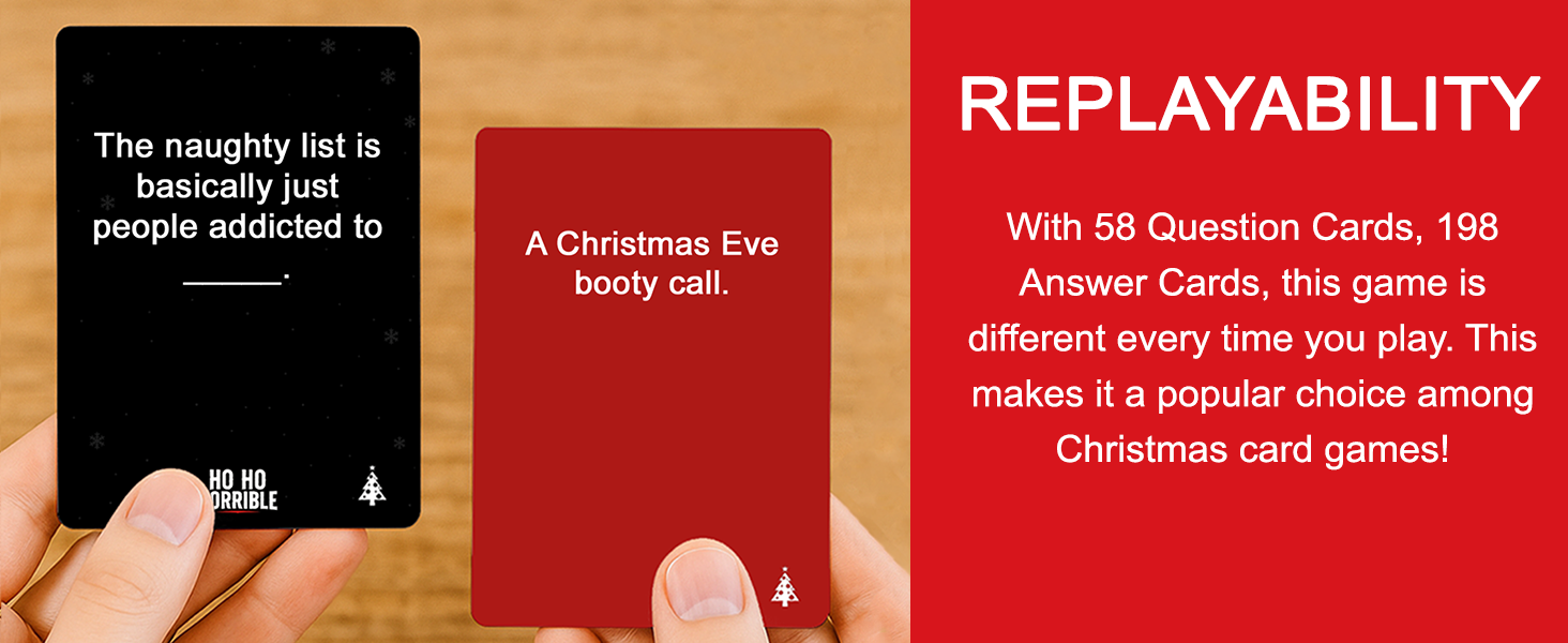 Ho Ho Horrible Christmas party card game rules showing 250+ cards, 2–20 players