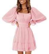 EXLURA Women's 2025 Casual Long Lantern Sleeve Dresses Square Neck Ruffle Tie Back Elastic Waist ...