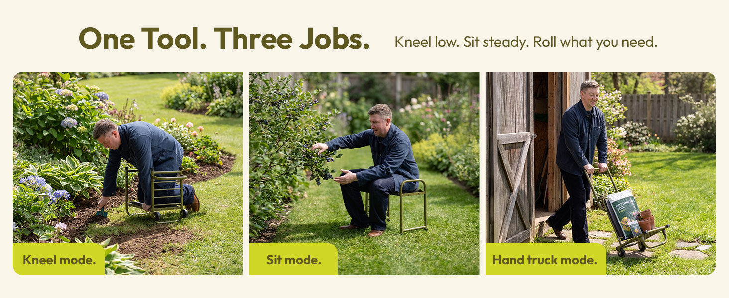 Gardener using the Rolling Kneeler in kneeling, sitting, and hand truck modes.