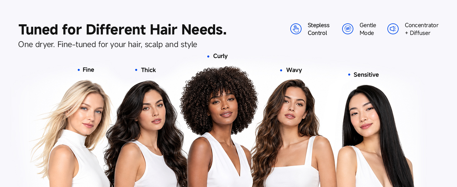 Women with fine, thick, curly and wavy hair representing different hair dryer needs.
