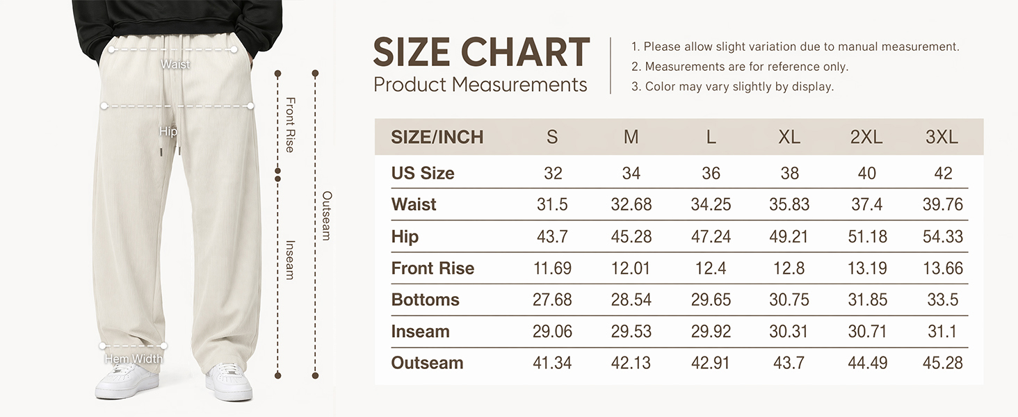 Jmierr Men's corduroy pants size chart, product measurements from S to 3XL, US size