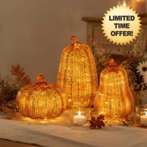 Glasseam 3 Pcs Mercury Glass Pumpkins Lights with Timer