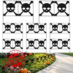 8Pcs Metal Halloween Skeleton Fence Panels 15.7x12.6'' Graveyard Yard Decor                                                          Halloween Gothic Crossbones Skull Fence Outdoor Garden Yard Stakes Spooky Cemetery Decoration for Pathway Haunted House Party