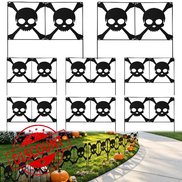 8Pcs Metal Halloween Skeleton Fence Panels 15.7x12.6'' Graveyard Yard Decor                                                          Halloween Gothic Crossbones Skull Fence Outdoor Garden Yard Stakes Spooky Cemetery Decoration for Pathway Haunted House Party