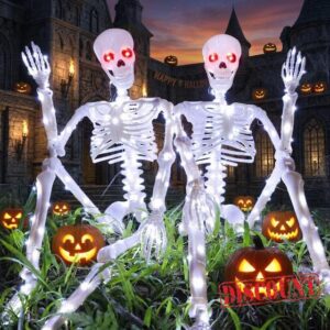 Halloween Decorations Outdoor Skeletons Set - 2 Pack 36" (90cm) Light Up Skeleton with LED Lights & 2 Red Eyes