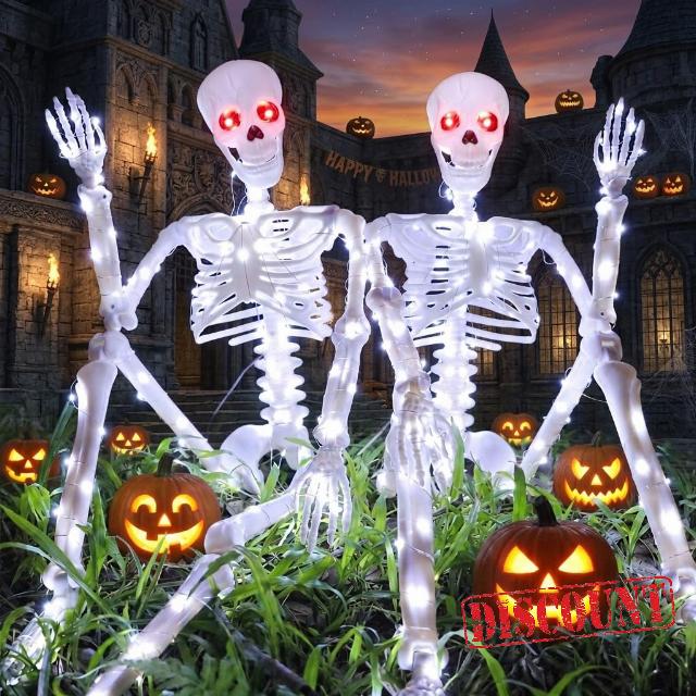 Halloween Decorations Outdoor Skeletons Set - 2 Pack 36" (90cm) Light Up Skeleton with LED Lights & 2 Red Eyes