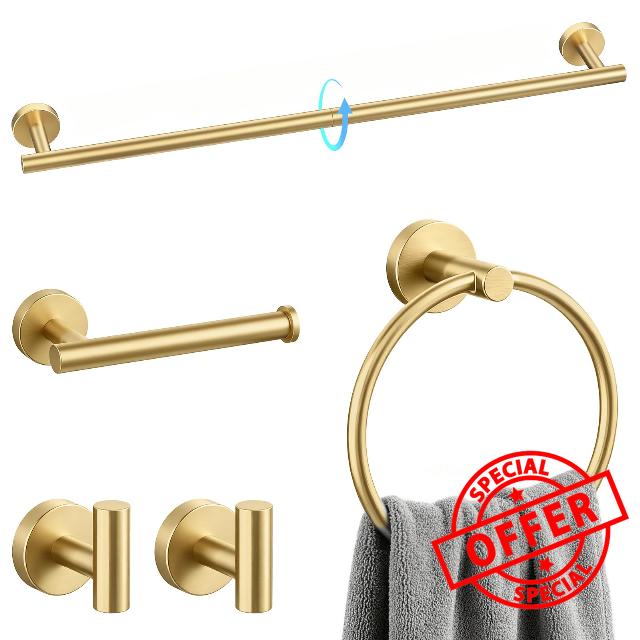 STWWO 5-Piece Gold Bathroom Accessories Set 24 Inch Bathroom Towel Bar                                                          stainless steel，bathroom hardware set，towel racks for bathroom wall mounted，brushed gold towel bar，towel holde