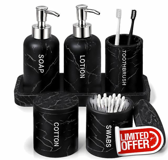 Black Marble Look Bathroom Accessory Set - 6 Pc. Resin Bathroom Accessories                                                          Includes soap dispenser lotion dispenser cotton ball and swab holder toothbrush cup vanity tray