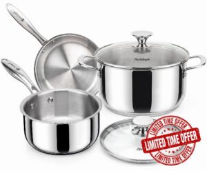 MICHELANGELO 5-Piece Stainless Steel Pots and Pans Set with Glass Lids                                                          Uncoated 18/8 Stainless Steel Cookware Set for Starter