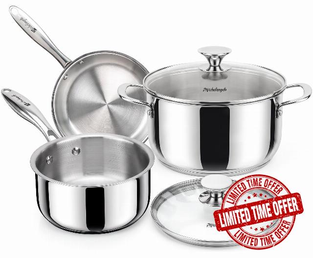 MICHELANGELO 5-Piece Stainless Steel Pots and Pans Set with Glass Lids                                                          Uncoated 18/8 Stainless Steel Cookware Set for Starter