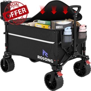 ROSONG Collapsible Wagon Cart with Wheels Foldable - Folding Utility Heavy Duty Wagons Carts for Grocery Sports Garden Shopping Camping Wheelbarrows (Black with Cover