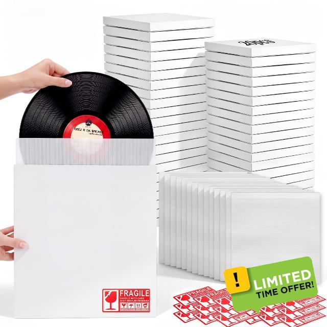 MotiMind 20 Sets 12.5" Vinyl Record Mailers Shipping Boxes with Foam Bags                                                          Foldable Corrugated Album Box with Foam Bag and Fragile Label