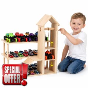 3-Tier Garage with Elevator Lift & Parking Ramp for Toy Car Display Case                                                          Wooden Storage Case Garage for Hot Wheels & Matchbox
