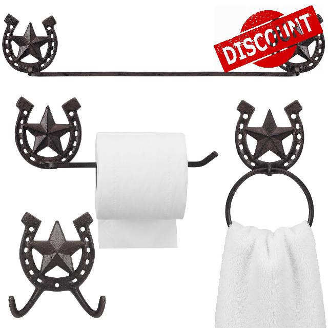 4 Pcs Star Horseshoe Bathroom Set Iron Western Washroom Fixture Set                                                          Cowboy Bathroom Accessories