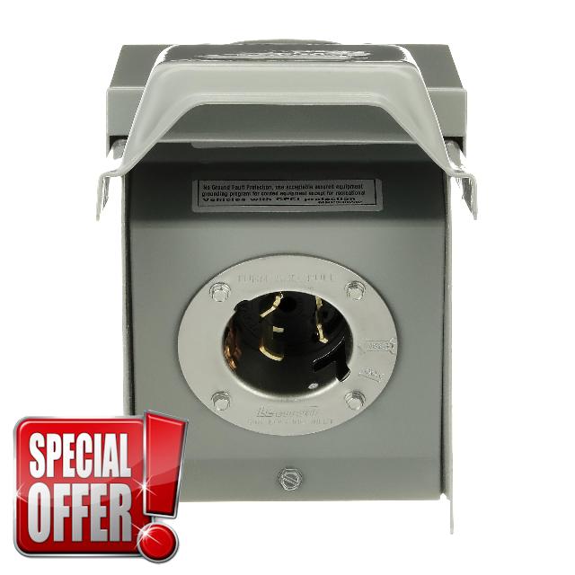 Midwest 50A Power Inlet • Weatherproof Enclosure • Compact Design                                                          U050NNP • 120/240V 10KAIC • L14-20/CS6375 Receptacle • NEMA 3R Galvanized Steel • Factory Assured Termination • Padlockable