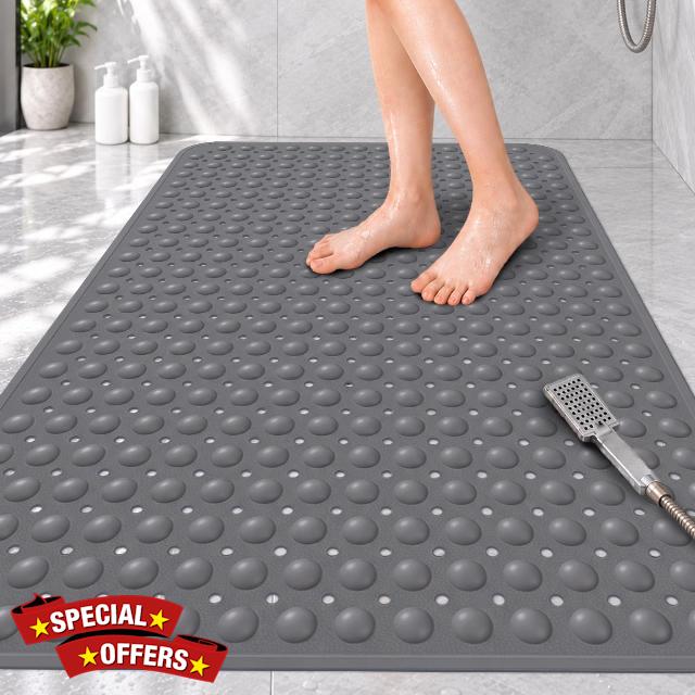 Non Slip Shower Mat: 42 X 26 Inch Extra Large Shower Mats for Inside Shower - Soft TPE Anti Slip Long Shower Floor Mat with Drain Holes and Suction Cups for Elderly